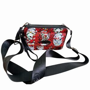 NWT Ed Hardy Vegan Leather Red Multi-Purpose wallet with detachable Strap-Skulls